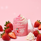 Kellulays Strawberries & Cream Whipped Body Butter - pink and white swirl dessert-scented moisturiser jar with fresh strawberries and whipped cream, handmade luxury Australian skincare