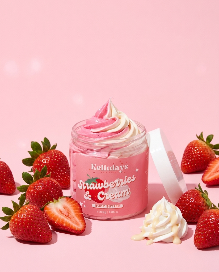 Kellulays Strawberries & Cream Whipped Body Butter - pink and white swirl dessert-scented moisturiser jar with fresh strawberries and whipped cream, handmade luxury Australian skincare