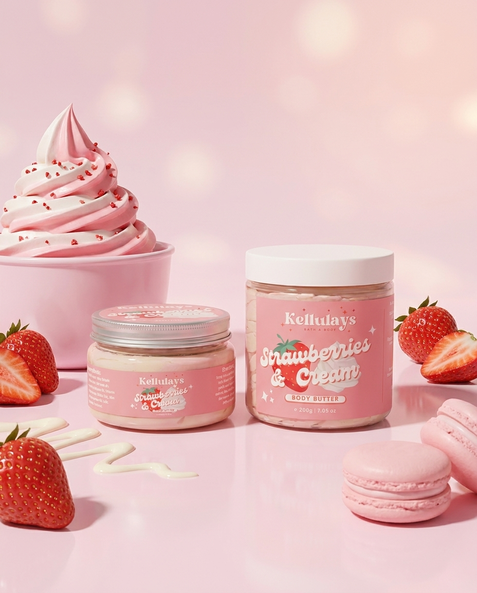 Kellulays Strawberries & Cream Whipped Body Butter 100g and 200g jars - whipped mango, shea and cocoa butter dessert-scented moisturiser with strawberries, cream and macarons, luxury handmade Australian skincare gift