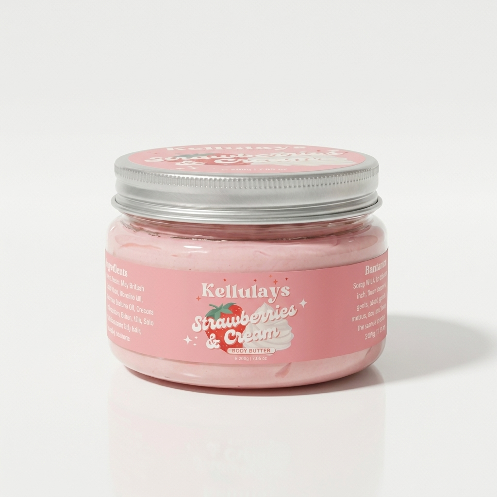 Kellulays Strawberries & Cream Whipped Body Butter 100g jar with silver lid on clean white background - luxury dessert-scented moisturiser, handmade Australian skincare