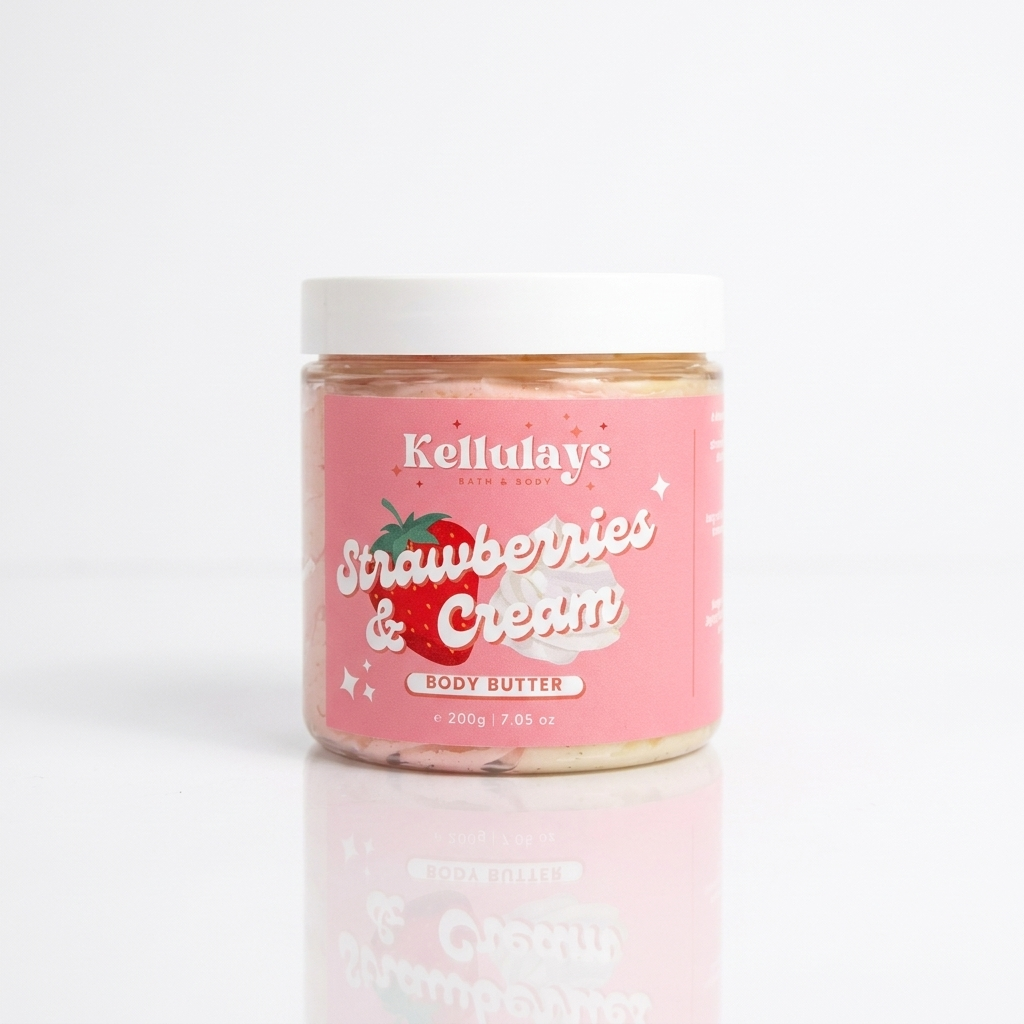 Kellulays Strawberries & Cream Whipped Body Butter 200g jar on clean white background - luxury dessert-scented moisturiser, handmade Australian skincare