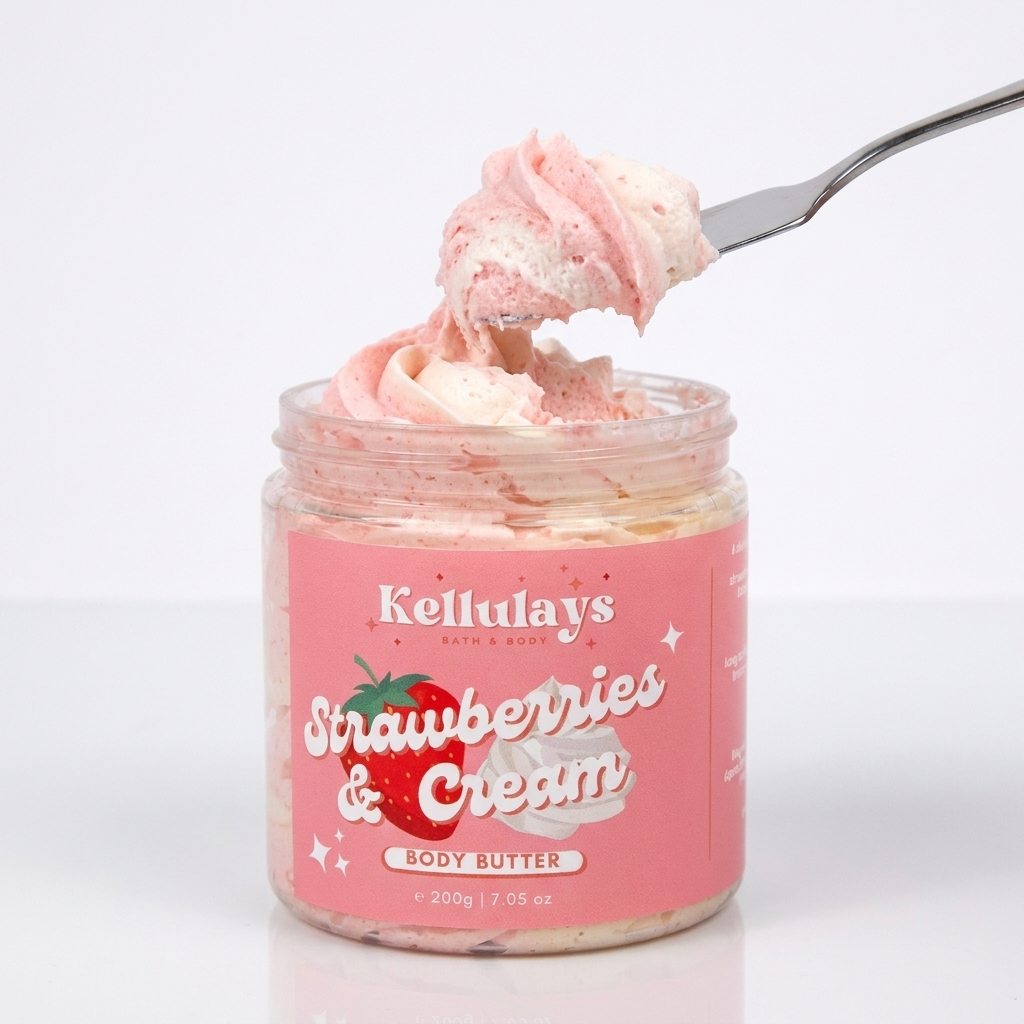 Close-up texture of Kellulays Strawberries & Cream Whipped Body Butter - light airy whipped shea, mango and cocoa butter moisturiser scooped from the jar, luxury Australian skincare